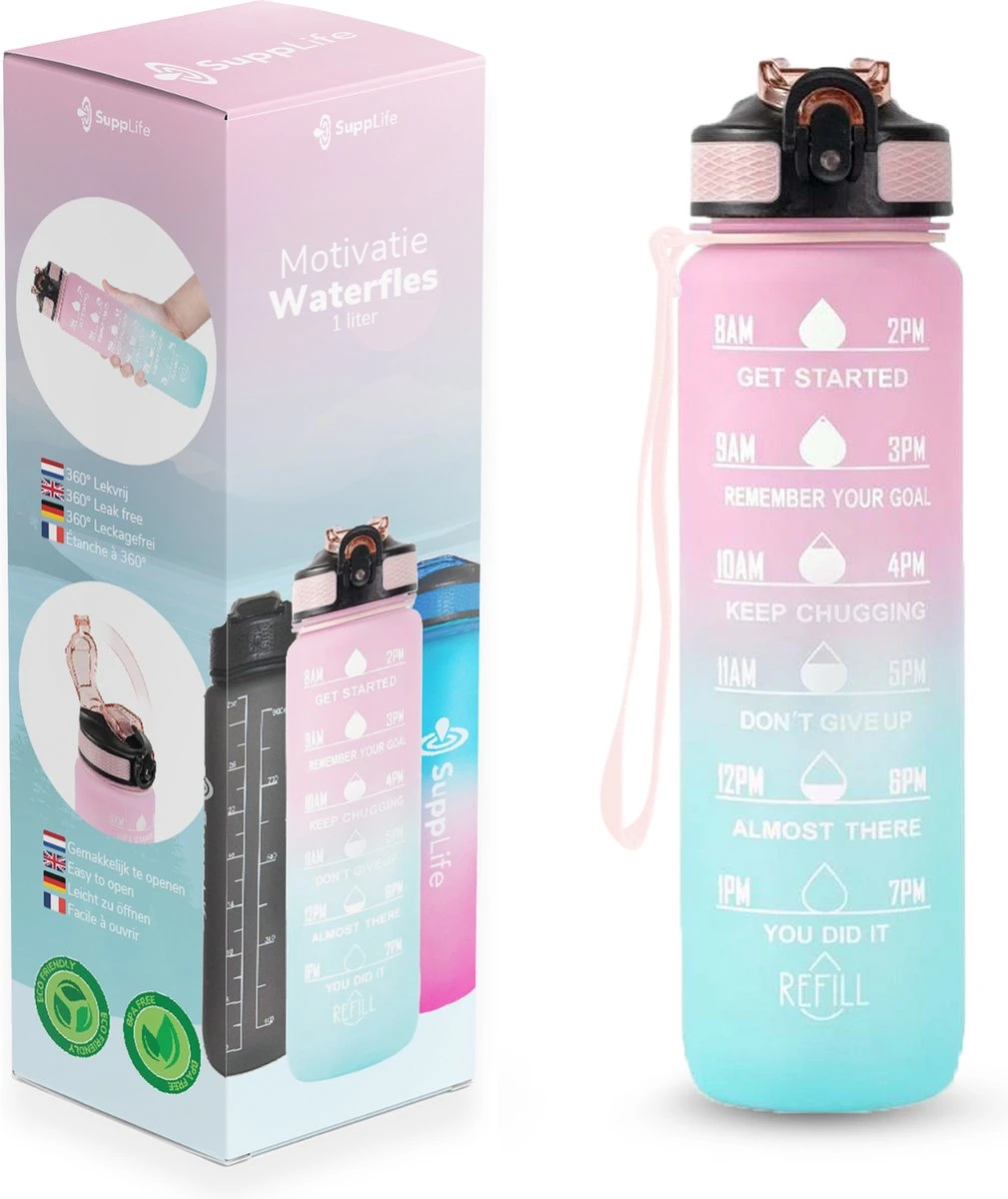Supplife Motivatie Waterfles - 1 Liter Drinkfles - Waterfles Met Tijdmarkering - Met Rietje - Volwassenen - Kinderen - Pink Aqua - Inclusief Schoonmaakborstel 1 Supplife Motivatie Waterfles - 1 Liter Drinkfles - Waterfles Met Tijdmarkering - Met Rietje - Volwassenen - Kinderen - Pink Aqua - Inclusief Schoonmaakborstel