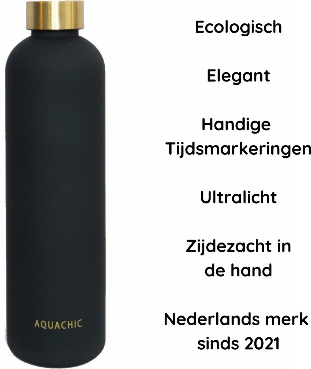Aquachic - 1L Waterfles Met 2 Doppen En Tijdsmarkeringen - Lekvrij & Licht - Duurzaam - Nederlands Merk - Drink Fles / Bidon- Zwart 1 Liter 7 Aquachic - 1L Waterfles Met 2 Doppen En Tijdsmarkeringen - Lekvrij & Licht - Duurzaam - Nederlands Merk - Drink Fles / Bidon- Zwart 1 Liter - Afbeelding 7