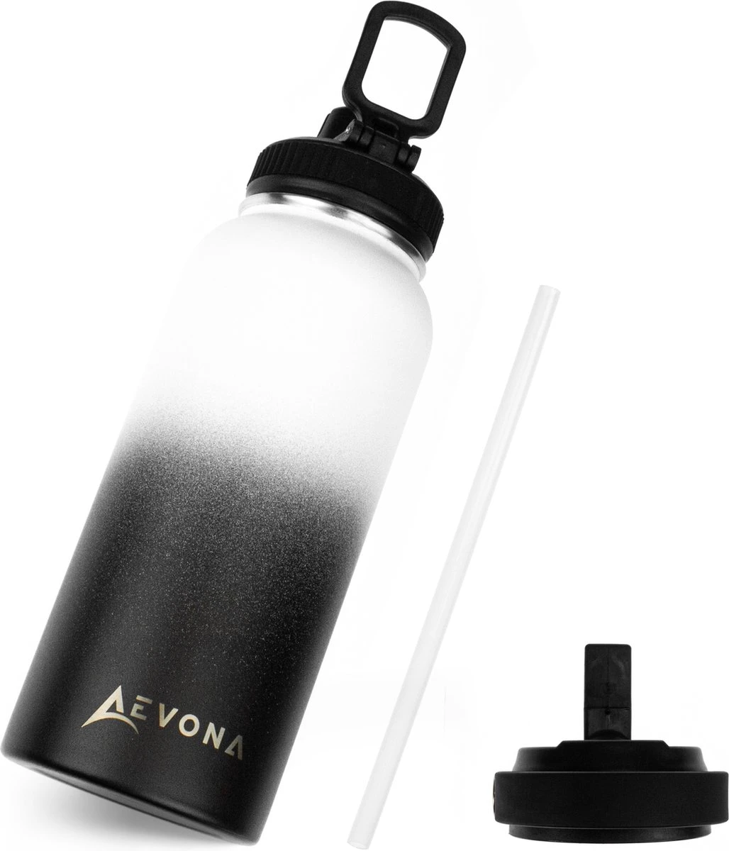 Aevona Waterfles Met Rietje - Thermosfles - Incl 2 Doppen - RVS - 1 Liter 1 Aevona Waterfles Met Rietje - Thermosfles - Incl 2 Doppen - RVS - 1 Liter
