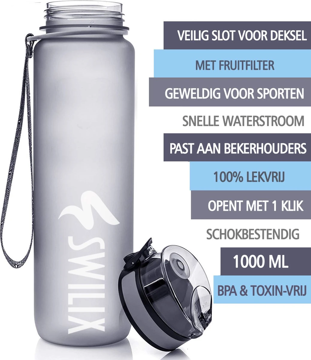 Swilix ® Drinkfles - 1 Liter - Waterfles Met Tijdmarkering - Grijs - 2022 Model 3 Swilix ® Drinkfles - 1 Liter - Waterfles Met Tijdmarkering - Grijs - 2022 Model - Afbeelding 3