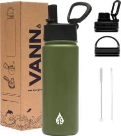VANN Drinkfles 500 Ml Met Rietje Multifunctioneel - Waterfles Volwassenen - RVS Inclusief 3 Doppen - 24uur Koud/12 Uur Warm - Groen