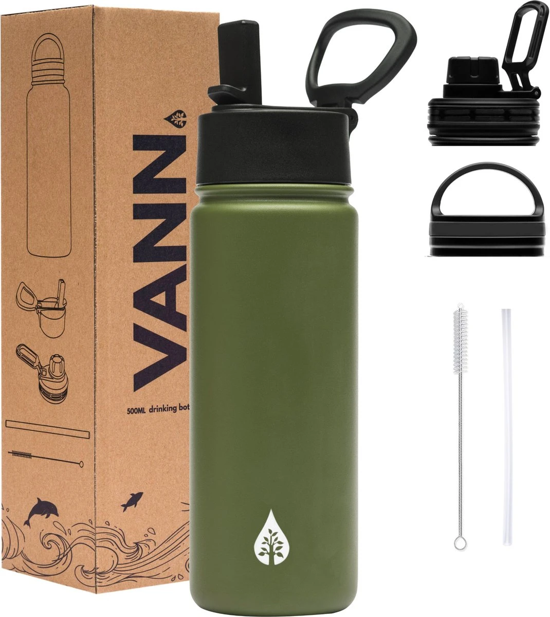 VANN Drinkfles 500 Ml Met Rietje Multifunctioneel - Waterfles Volwassenen - RVS Inclusief 3 Doppen - 24uur Koud/12 Uur Warm - Groen 1 VANN Drinkfles 500 Ml Met Rietje Multifunctioneel - Waterfles Volwassenen - RVS Inclusief 3 Doppen - 24uur Koud/12 Uur Warm - Groen