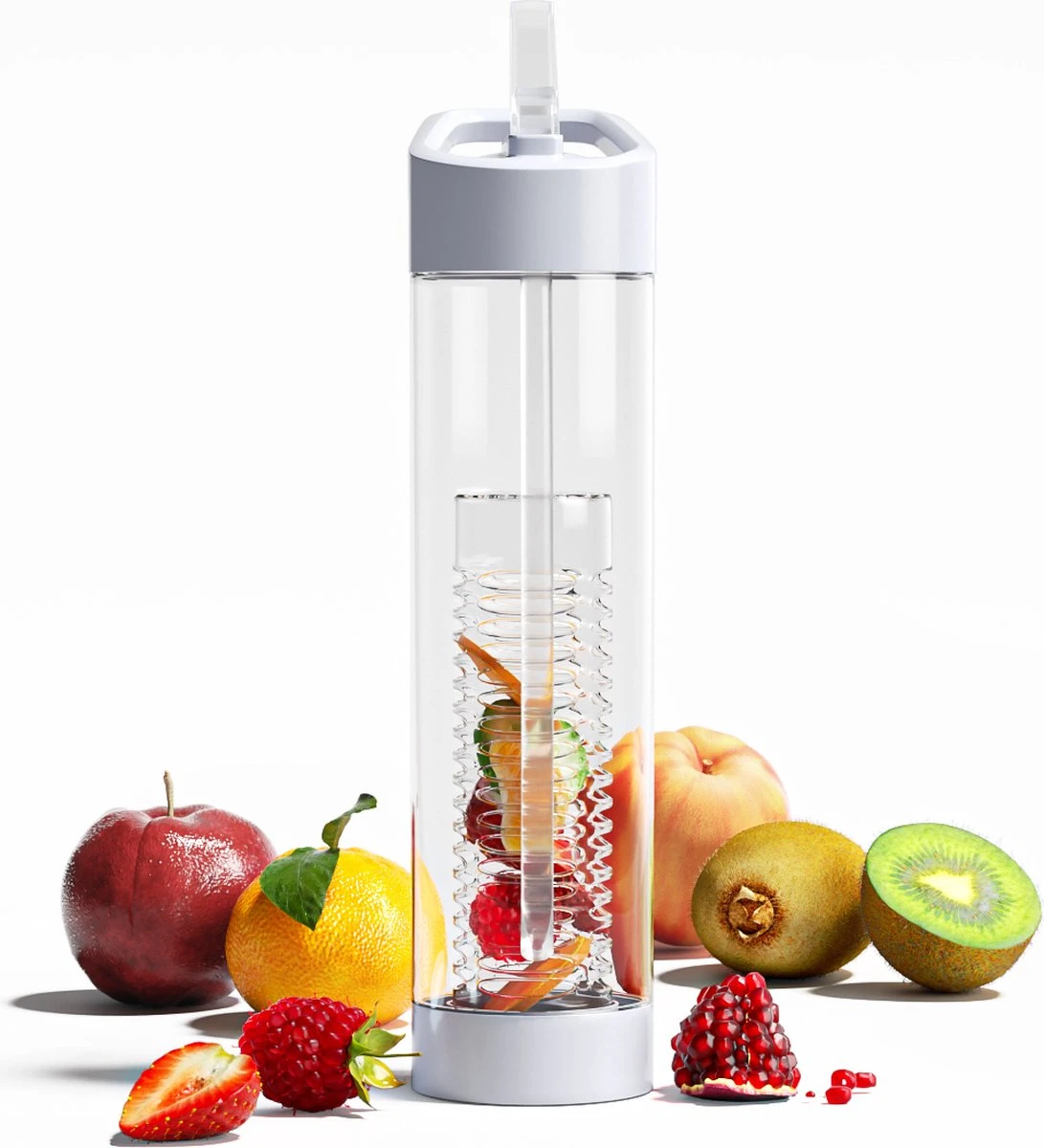 Waterfles Met Rietje - Fruit Filter - Tritan Drinkfles - Volwassenen - Wit - Kerstcadeau 1 Waterfles Met Rietje - Fruit Filter - Tritan Drinkfles - Volwassenen - Wit - Kerstcadeau