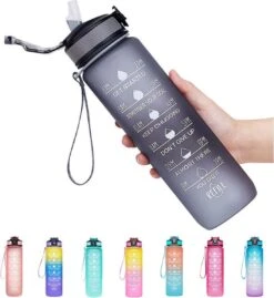 Lopoleis Drinkfles - Waterfles 1 Liter - Motivatie Waterfles Met Tijdsmarkering - Water Bottle - BPA Vrij