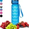Nimma® Motivatie Waterfles - 1 Liter Drinkfles - Met Tijdmarkeringen En Fruitfilter - Blauw