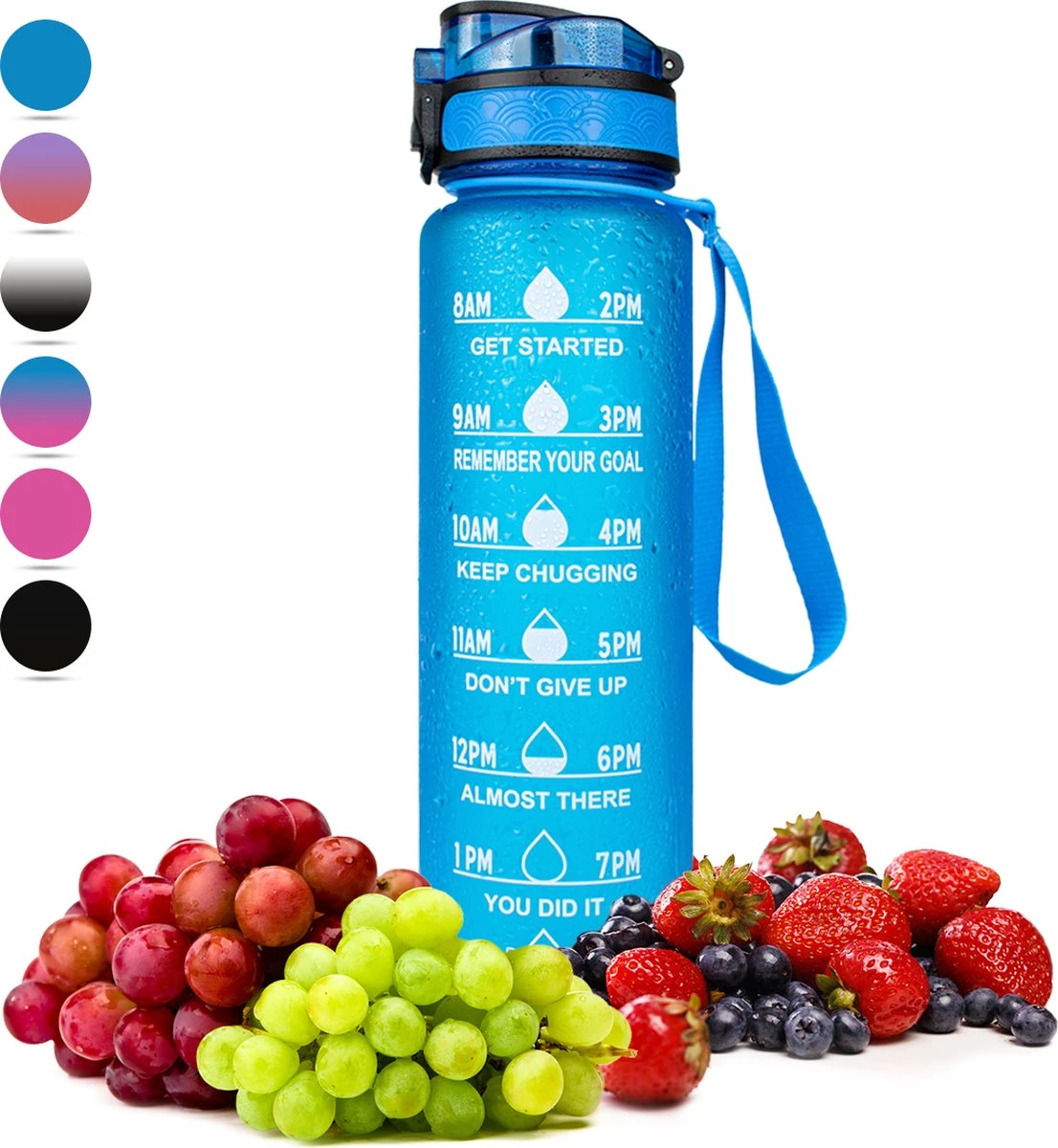 Nimma® Motivatie Waterfles - 1 Liter Drinkfles - Met Tijdmarkeringen En Fruitfilter - Blauw 1 Nimma® Motivatie Waterfles - 1 Liter Drinkfles - Met Tijdmarkeringen En Fruitfilter - Blauw