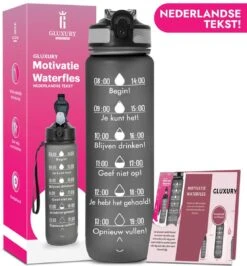 Gluxury Luxe Motivatie Waterfles - Nederlandse Tekst - Drinkfles Met Rietje - 1 Liter Drinkfles - Waterfles Met Tijdmarkering - Inc E-book - Zwart