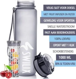 Swilix ® Drinkfles - 1 Liter - Waterfles Met Tijdmarkering - Met 2 Fruitfilters - Grijs -Barbecues Verkoopwinkel 1147x1200 4