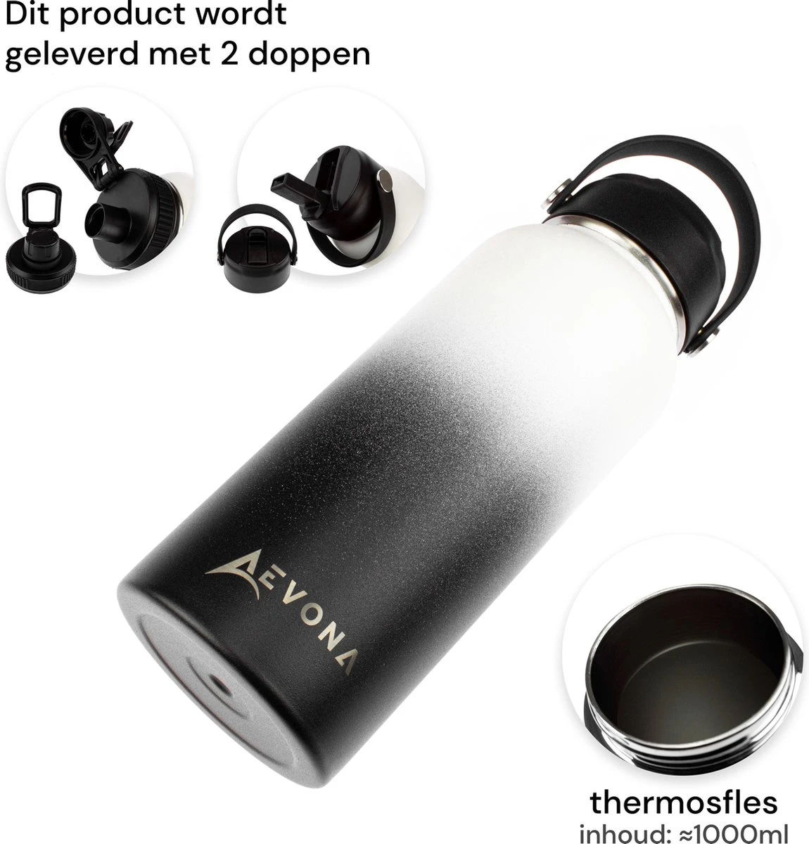 Aevona Waterfles Met Rietje - Thermosfles - Incl 2 Doppen - RVS - 1 Liter 8 Aevona Waterfles Met Rietje - Thermosfles - Incl 2 Doppen - RVS - 1 Liter - Afbeelding 8