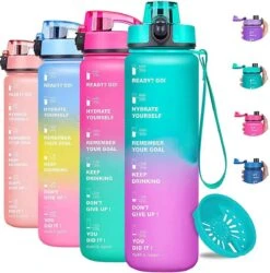 Splash® - Luxe Drinkfles - Motivatie Waterfles - Water Bottle - Waterfles 1 Liter - Bidon- Motivatie Drinkfles - Tijdmarkering - Fruitfilter- Paars/Blauw - Inc. KOOK E-BOOK!