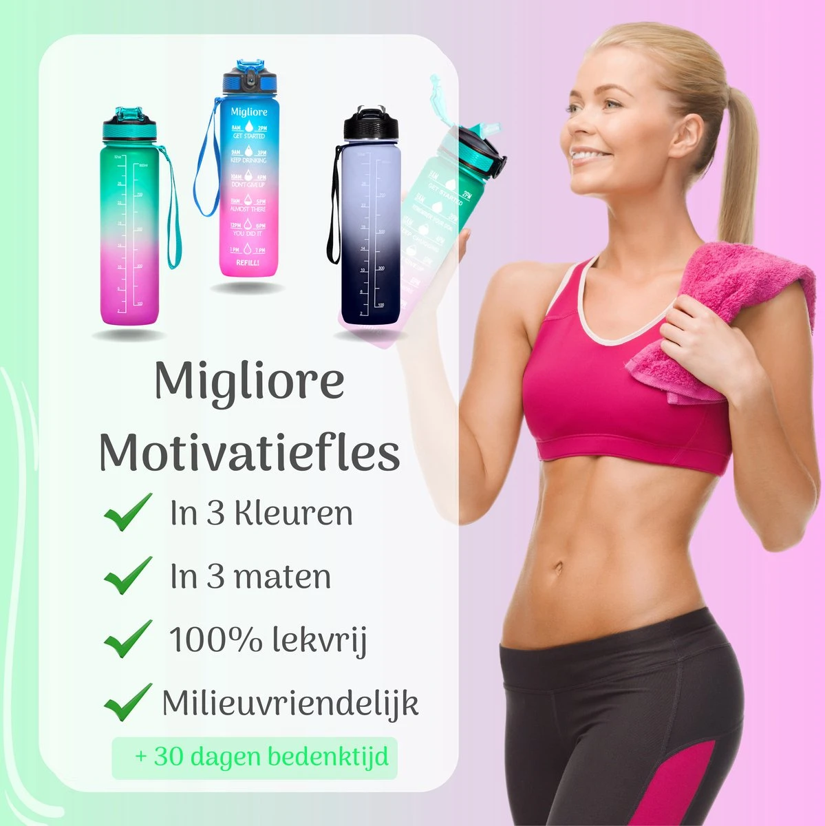 Migliore Drinkfles – Luxe Drinkfles Met Rietje – Waterfles 1 Liter – Water Bottle – Motivatie Waterfles Met Tijdmarkeringen - Ook In 600 Ml En 2 Liter 2 Migliore Drinkfles – Luxe Drinkfles Met Rietje – Waterfles 1 Liter – Water Bottle – Motivatie Waterfles Met Tijdmarkeringen - Ook In 600 Ml En 2 Liter - Afbeelding 2