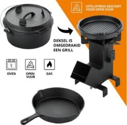 Dutch Mountains Gietijzeren Pannenset 7-delig - Dutch Oven – Braadpan - Grillpan - Hapjespan - Kookset In Houten Transportkist - Deksellifter - Brander -Barbecues Verkoopwinkel 1200x1185 1