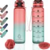 Lekro Waterfles Met Tijdmarkeringen - Motiverende Drinkfles Met Fruitfilter En Shake Bal/Shaker - 1 Liter - BPA Vrij - Roze/Blauw