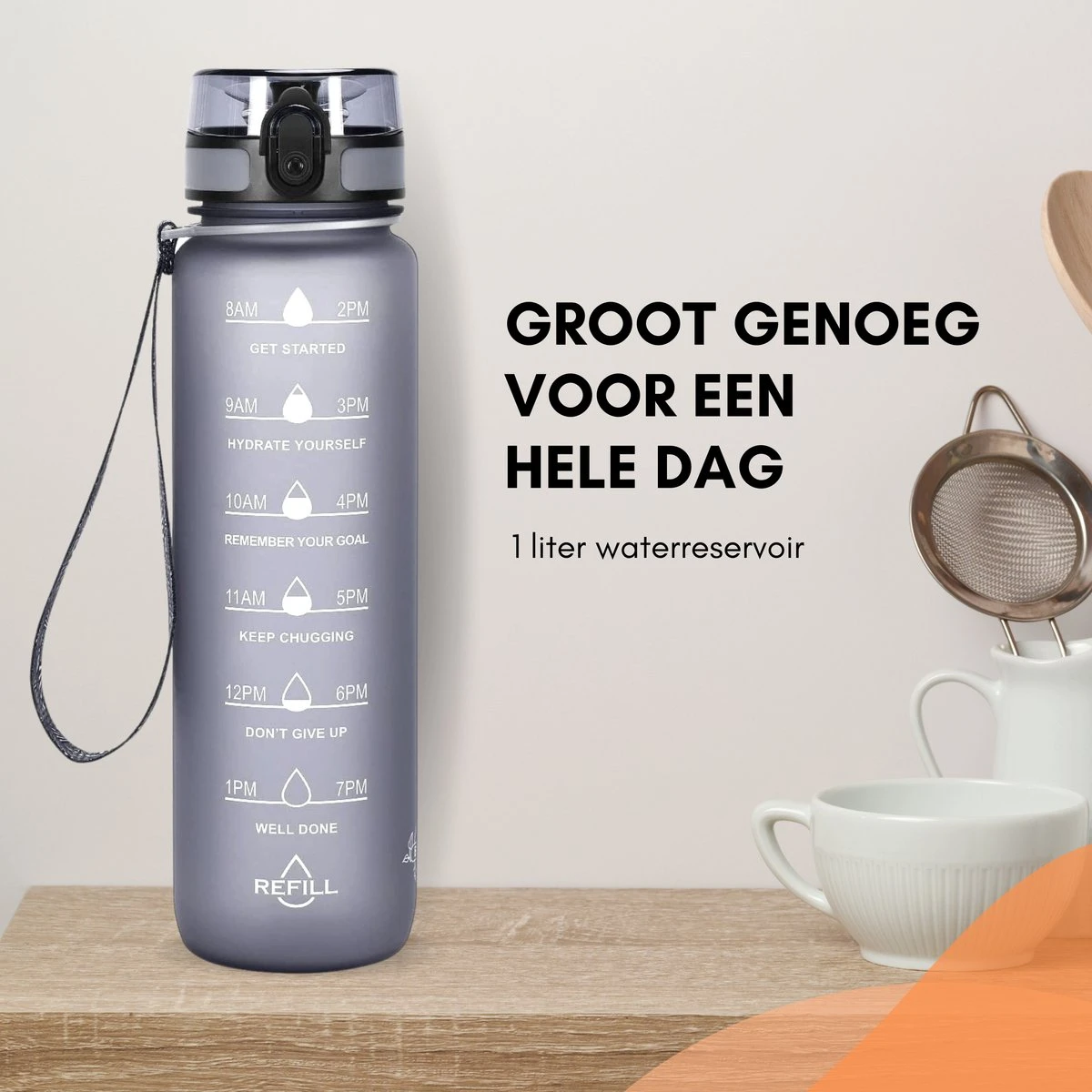 LaCardia Motivatie Waterfles Grijs - 1 Liter Drinkfles - Waterfles Met Tijdmarkering - Grijs 2 LaCardia Motivatie Waterfles Grijs - 1 Liter Drinkfles - Waterfles Met Tijdmarkering - Grijs - Afbeelding 2