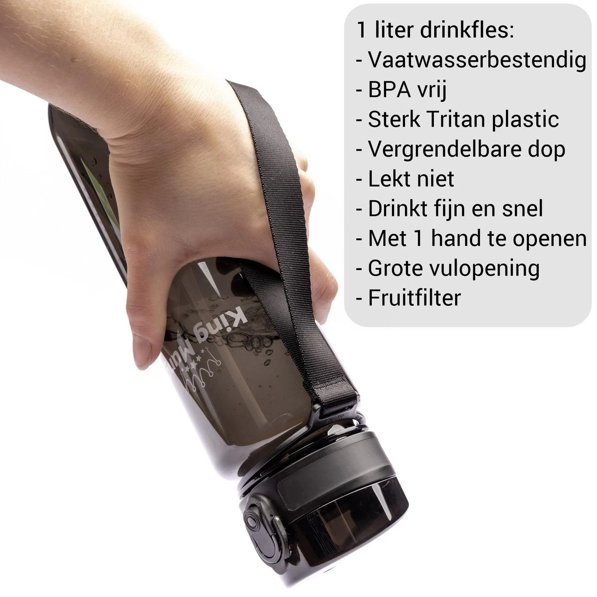 1 Liter Drinkfles - Vaatwasserbestendig - Sport Bidon Drinkbus King Mungo 1000ml Zwart 8 1 Liter Drinkfles - Vaatwasserbestendig - Sport Bidon Drinkbus King Mungo 1000ml Zwart - Afbeelding 8