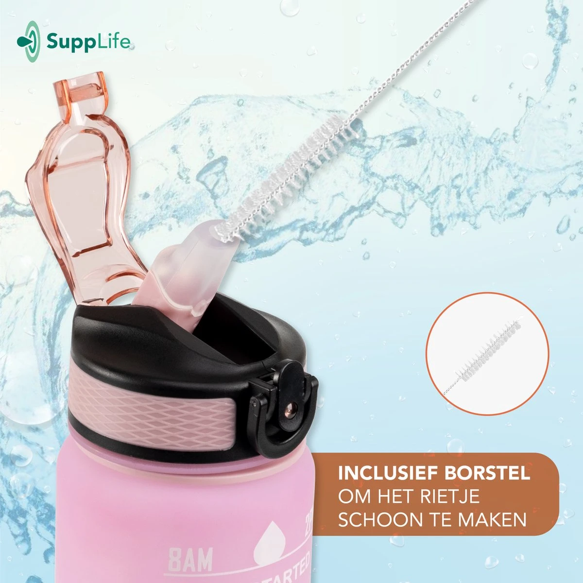 Supplife Motivatie Waterfles - 1 Liter Drinkfles - Waterfles Met Tijdmarkering - Met Rietje - Volwassenen - Kinderen - Pink Aqua - Inclusief Schoonmaakborstel 5 Supplife Motivatie Waterfles - 1 Liter Drinkfles - Waterfles Met Tijdmarkering - Met Rietje - Volwassenen - Kinderen - Pink Aqua - Inclusief Schoonmaakborstel - Afbeelding 5