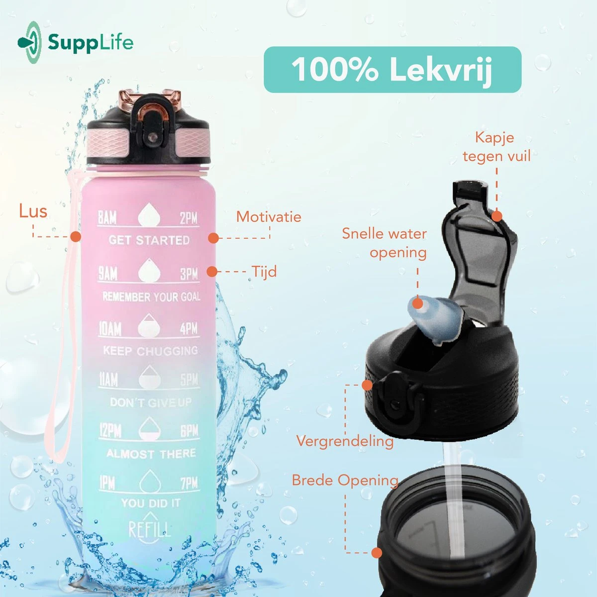 Supplife Motivatie Waterfles - 1 Liter Drinkfles - Waterfles Met Tijdmarkering - Met Rietje - Volwassenen - Kinderen - Pink Aqua - Inclusief Schoonmaakborstel 10 Supplife Motivatie Waterfles - 1 Liter Drinkfles - Waterfles Met Tijdmarkering - Met Rietje - Volwassenen - Kinderen - Pink Aqua - Inclusief Schoonmaakborstel - Afbeelding 10
