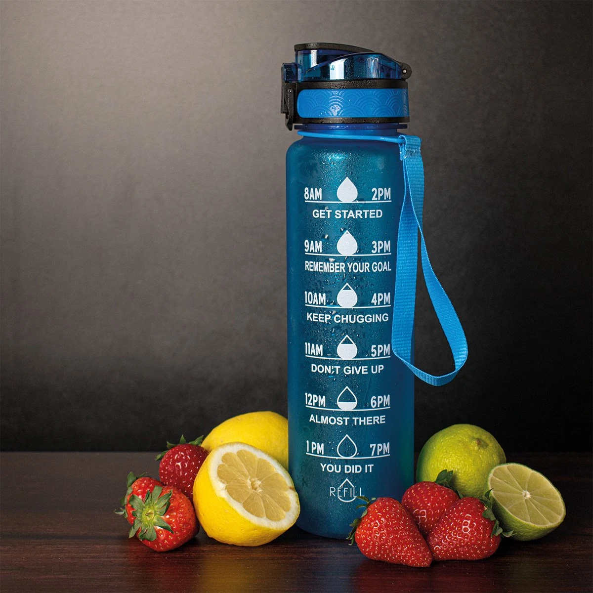 Nimma® Motivatie Waterfles - 1 Liter Drinkfles - Met Tijdmarkeringen En Fruitfilter - Blauw 3 Nimma® Motivatie Waterfles - 1 Liter Drinkfles - Met Tijdmarkeringen En Fruitfilter - Blauw - Afbeelding 3