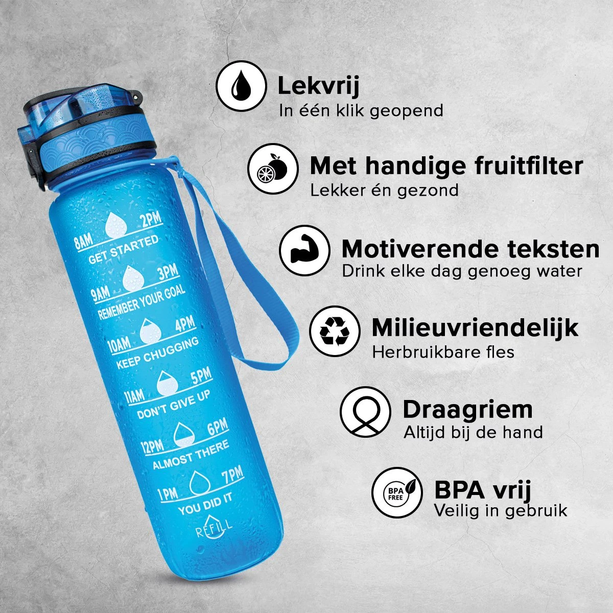 Nimma® Motivatie Waterfles - 1 Liter Drinkfles - Met Tijdmarkeringen En Fruitfilter - Blauw 6 Nimma® Motivatie Waterfles - 1 Liter Drinkfles - Met Tijdmarkeringen En Fruitfilter - Blauw - Afbeelding 6