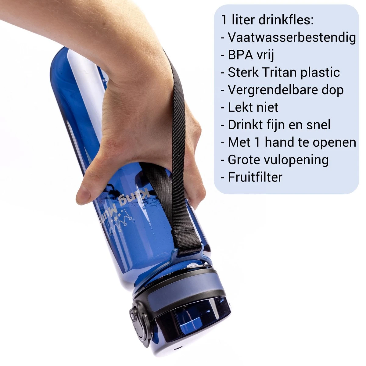 Waterfles 1 Liter Vaatwasserbestendig - Lekvrije 1L Drinkfles - Volwassenen & Kinderen - Sport Bidon Drinkbus - Donkerblauw - King Mungo 3 Waterfles 1 Liter Vaatwasserbestendig - Lekvrije 1L Drinkfles - Volwassenen & Kinderen - Sport Bidon Drinkbus - Donkerblauw - King Mungo - Afbeelding 3