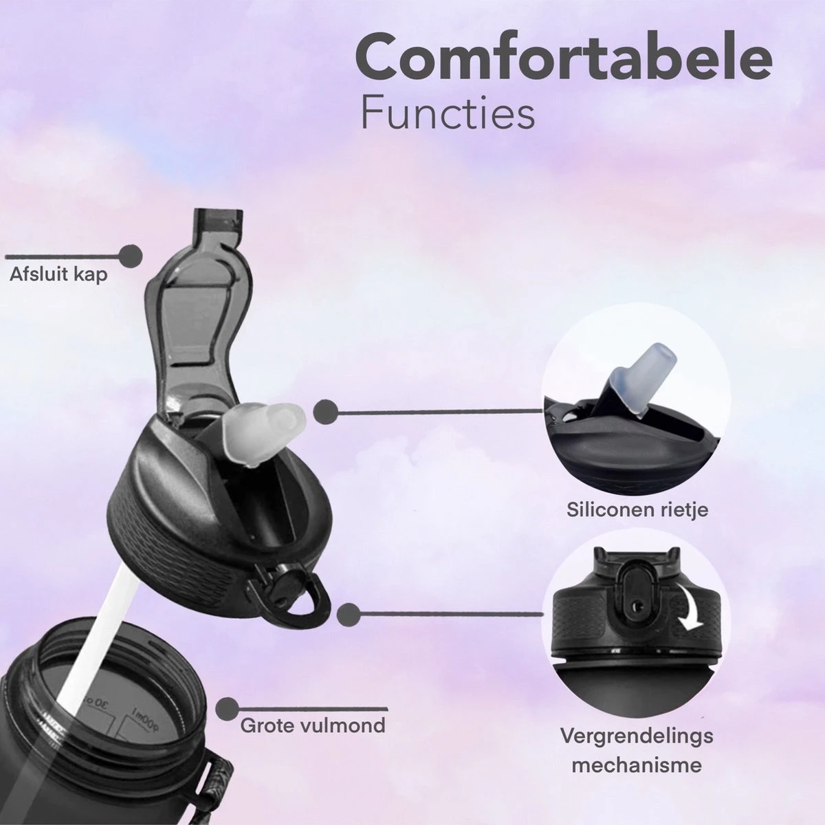 Seniq Motivatie Waterfles - 1 Liter - Drinkfles Met Tijdmarkering - Rietje - Paars Oranje 3 Seniq Motivatie Waterfles - 1 Liter - Drinkfles Met Tijdmarkering - Rietje - Paars Oranje - Afbeelding 3