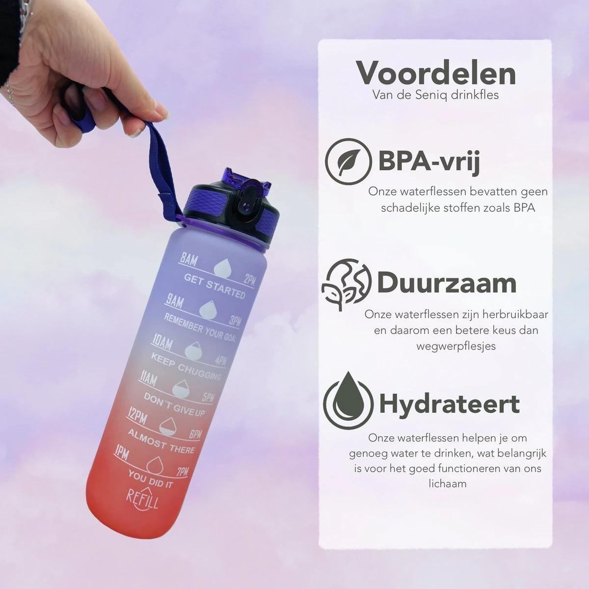 Seniq Motivatie Waterfles - 1 Liter - Drinkfles Met Tijdmarkering - Rietje - Paars Oranje 4 Seniq Motivatie Waterfles - 1 Liter - Drinkfles Met Tijdmarkering - Rietje - Paars Oranje - Afbeelding 4
