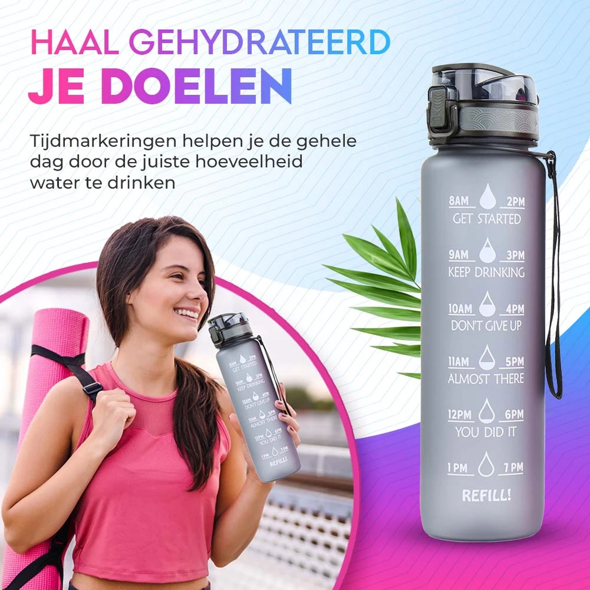 WODster Drinkfles Voor Kinderen En Volwassenen - 1 Liter - Waterfles Met Tijdmarkeringen En Fruit Filter - Bidon BPA Vrij - Grijs 2 WODster Drinkfles Voor Kinderen En Volwassenen - 1 Liter - Waterfles Met Tijdmarkeringen En Fruit Filter - Bidon BPA Vrij - Grijs - Afbeelding 2