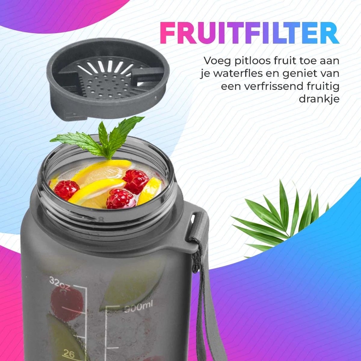 WODster Drinkfles Voor Kinderen En Volwassenen - 1 Liter - Waterfles Met Tijdmarkeringen En Fruit Filter - Bidon BPA Vrij - Grijs 5 WODster Drinkfles Voor Kinderen En Volwassenen - 1 Liter - Waterfles Met Tijdmarkeringen En Fruit Filter - Bidon BPA Vrij - Grijs - Afbeelding 5