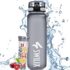 Swilix ® Drinkfles - 1 Liter - Waterfles Met Tijdmarkering - Met 2 Fruitfilters - Grijs