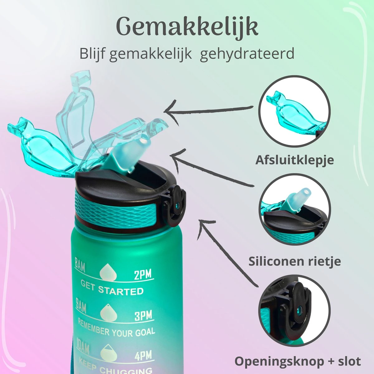 Migliore Drinkfles – Luxe Drinkfles Met Rietje – Waterfles 1 Liter – Water Bottle – Motivatie Waterfles Met Tijdmarkeringen - Ook In 600 Ml En 2 Liter 3 Migliore Drinkfles – Luxe Drinkfles Met Rietje – Waterfles 1 Liter – Water Bottle – Motivatie Waterfles Met Tijdmarkeringen - Ook In 600 Ml En 2 Liter - Afbeelding 3