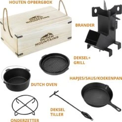 Dutch Mountains Gietijzeren Pannenset 7-delig - Dutch Oven – Braadpan - Grillpan - Hapjespan - Kookset In Houten Transportkist - Deksellifter - Brander -Barbecues Verkoopwinkel 1200x1200 758