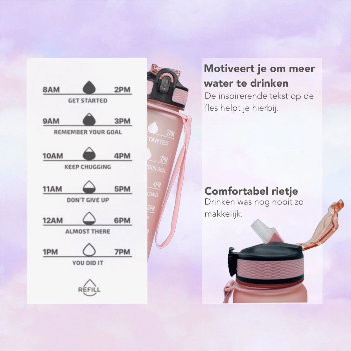 Seniq Motivatie Waterfles - 1 Liter - Drinkfles Met Tijdmarkering - Rietje - Roze 2 Seniq Motivatie Waterfles - 1 Liter - Drinkfles Met Tijdmarkering - Rietje - Roze - Afbeelding 2