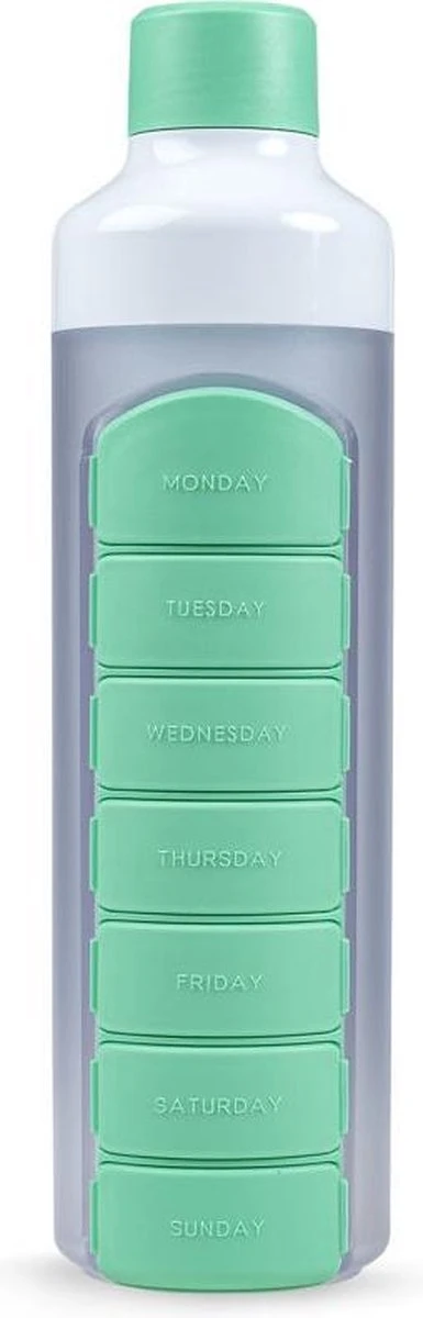 YOS Bottle - Waterfles Met Pillendoos - 7 Vaks - Groen 1 YOS Bottle - Waterfles Met Pillendoos - 7 Vaks - Groen