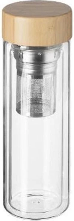 Theeglas Met Filter - Theefles Dubbelwandig 400 Ml - Theebeker Met Zeef - Theefles Met Filter - Waterfles Van Glas - Drinkfles - Bamboe Drinkfles