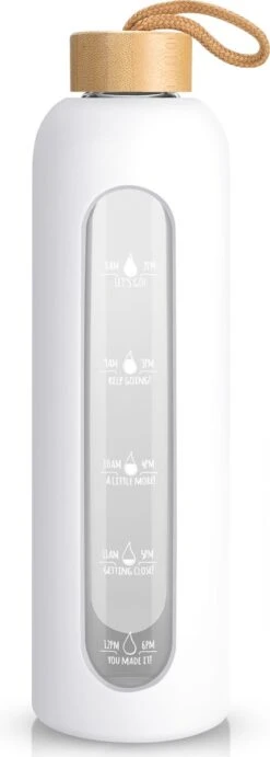 Merkloos Drinkfles Met Tijdmarkering - Waterfles - 1 Liter - Duurzaam - Motivatie - Volwassenen - Wit