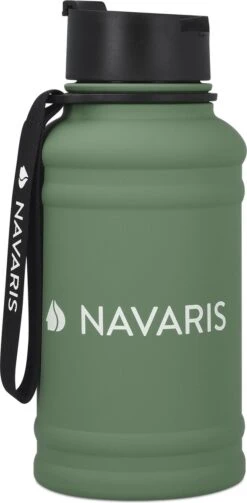 Navaris Fitness Drinkfles 1,3 Liter - Lichte Waterfles Van Roestvrij Staal Groen - Grote Waterfles RVS Voor Sport, Fitness, Yoga En Kamperen