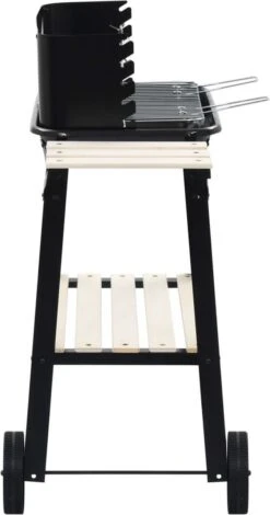 Verrijdbare Barbecue – Houtskool/Briketten - Verstelbare Grillplaat – Houten Tafel – Winscherm – Gewicht 5.9kg -Barbecues Verkoopwinkel 630x1200