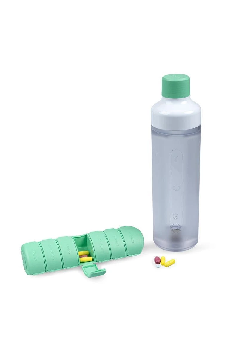 YOS Bottle - Waterfles Met Pillendoos - 7 Vaks - Groen 4 YOS Bottle - Waterfles Met Pillendoos - 7 Vaks - Groen - Afbeelding 4