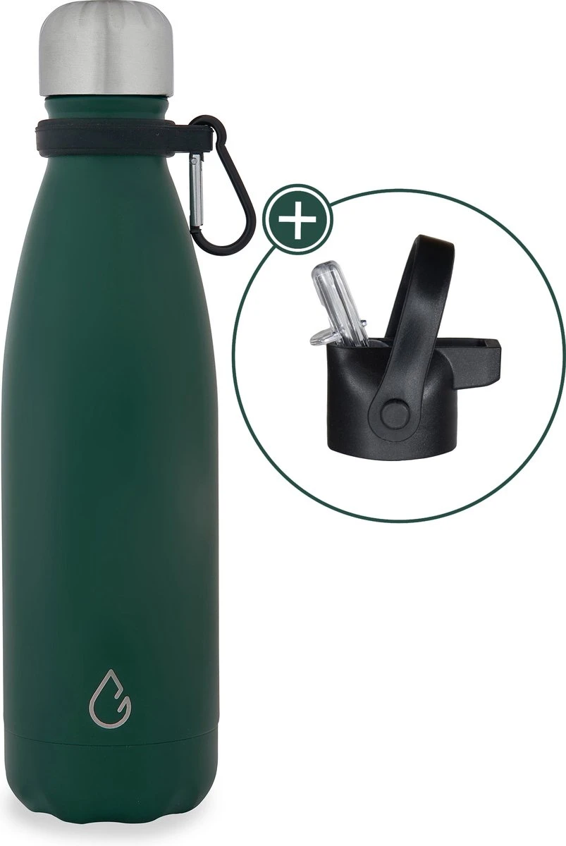 Wattamula Design Eco RVS Drinkfles - Mosgroen - Extra Dop Met Rietje En Carrier - 500 Ml - Waterfles - Thermosfles - Sport 1 Wattamula Design Eco RVS Drinkfles - Mosgroen - Extra Dop Met Rietje En Carrier - 500 Ml - Waterfles - Thermosfles - Sport