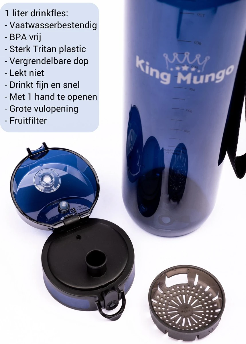 Waterfles 1 Liter Vaatwasserbestendig - Lekvrije 1L Drinkfles - Volwassenen & Kinderen - Sport Bidon Drinkbus - Donkerblauw - King Mungo 8 Waterfles 1 Liter Vaatwasserbestendig - Lekvrije 1L Drinkfles - Volwassenen & Kinderen - Sport Bidon Drinkbus - Donkerblauw - King Mungo - Afbeelding 8