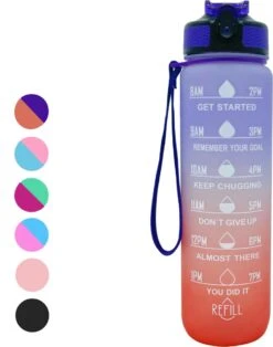 Seniq Motivatie Waterfles - 1 Liter - Drinkfles Met Tijdmarkering - Rietje - Paars Oranje