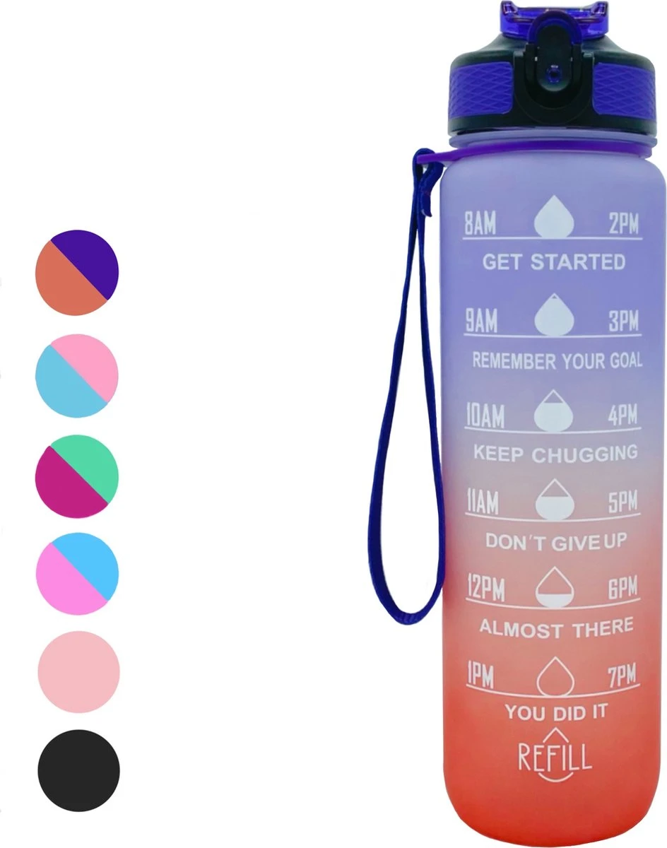 Seniq Motivatie Waterfles - 1 Liter - Drinkfles Met Tijdmarkering - Rietje - Paars Oranje 1 Seniq Motivatie Waterfles - 1 Liter - Drinkfles Met Tijdmarkering - Rietje - Paars Oranje