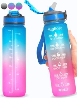 Migliore Drinkfles – Luxe Drinkfles Met Rietje – Waterfles 1 Liter – Water Bottle – Motivatie Waterfles Met Tijdmarkeringen, Ook In 600 Ml En 2 Liter