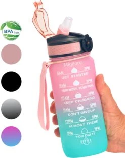 Migliore Drinkfles – Luxe Drinkfles Met Rietje – Kinderen En Volwassenen – Waterfles 600 Ml – Water Bottle – Motivatie Waterfles Met Tijdmarkeringen - 750 Ml - Ook In 1 Liter En 2 Liter