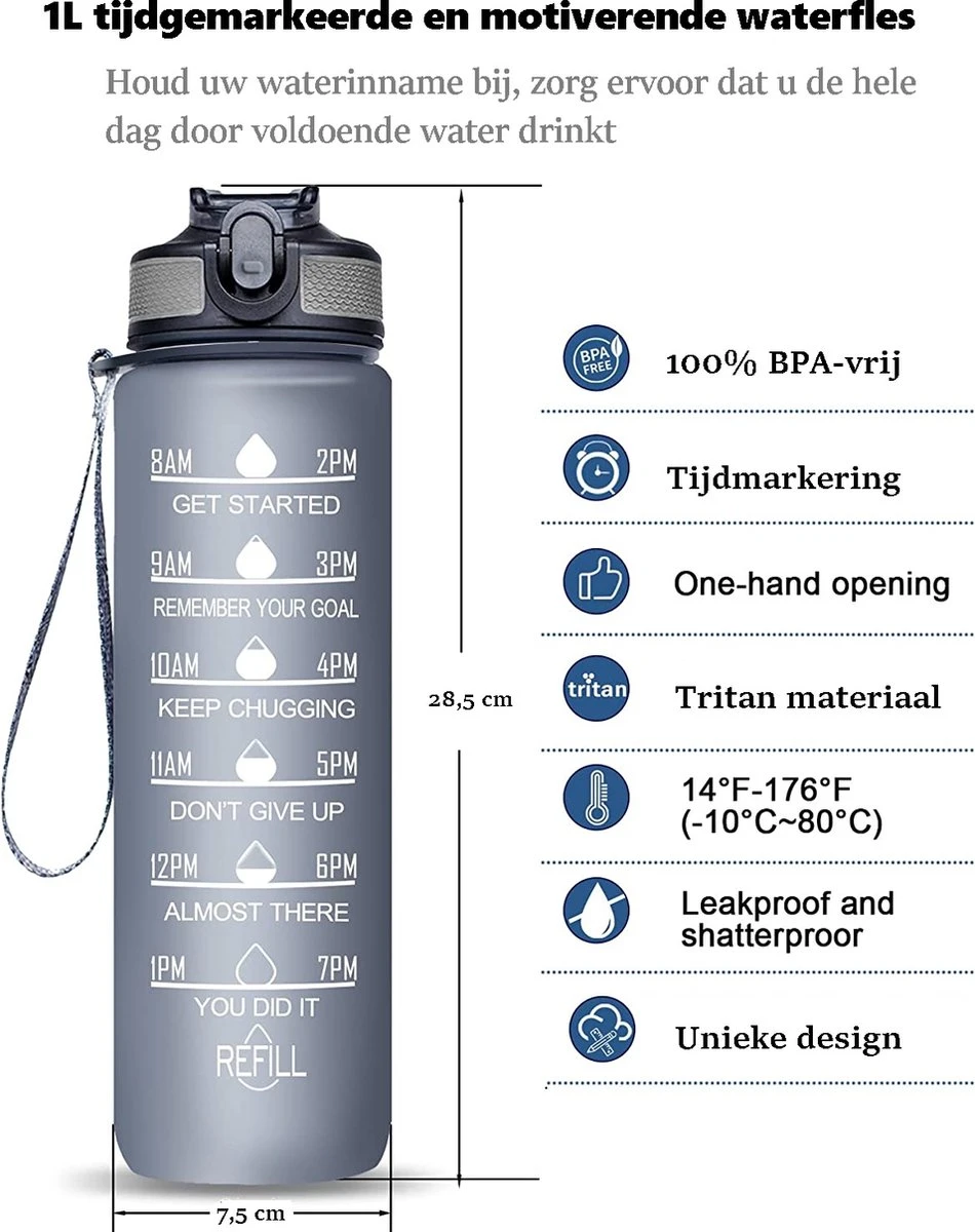 Merkloos Motivatie Waterfles Met Tijdmarkering | Sport Waterfles | Drinkfles Met Rietje | Tritan Waterfles | Lekvrije Sportfles | 1 Liter Waterfles | Motivatie Waterflessen | Motiverende Drinkfles | Drinkflessen | BPA Vrij | Cadeau | Zwart 7 Merkloos Motivatie Waterfles Met Tijdmarkering | Sport Waterfles | Drinkfles Met Rietje | Tritan Waterfles | Lekvrije Sportfles | 1 Liter Waterfles | Motivatie Waterflessen | Motiverende Drinkfles | Drinkflessen | BPA Vrij | Cadeau | Zwart - Afbeelding 7