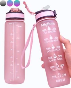 Migliore Drinkfles – Luxe Drinkfles Met Rietje – Waterfles 1 Liter – Water Bottle – Motivatie Waterfles Met Tijdmarkeringen - Ook In 600 Ml En 2 Liter