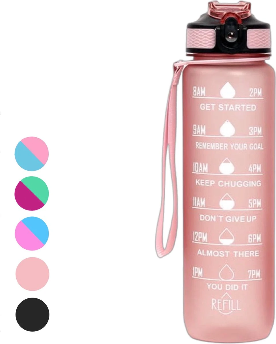 Seniq Motivatie Waterfles - 1 Liter - Drinkfles Met Tijdmarkering - Rietje - Roze 1 Seniq Motivatie Waterfles - 1 Liter - Drinkfles Met Tijdmarkering - Rietje - Roze