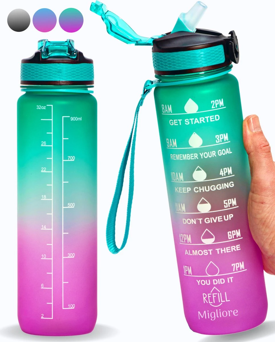 Migliore Drinkfles – Luxe Drinkfles Met Rietje – Waterfles 1 Liter – Water Bottle – Motivatie Waterfles Met Tijdmarkeringen - Ook In 600 Ml En 2 Liter 1 Migliore Drinkfles – Luxe Drinkfles Met Rietje – Waterfles 1 Liter – Water Bottle – Motivatie Waterfles Met Tijdmarkeringen - Ook In 600 Ml En 2 Liter